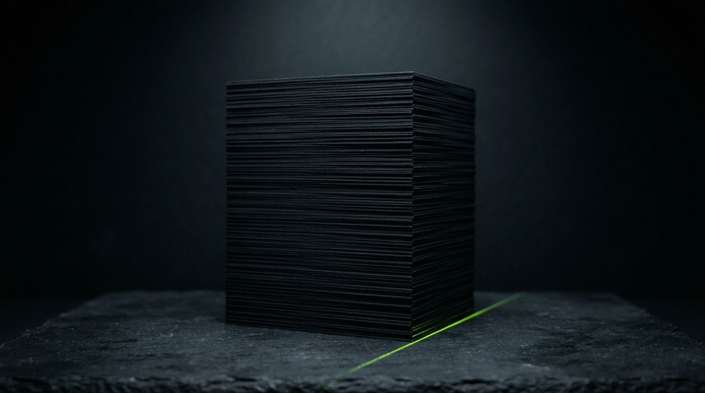 A stack of photographs rendered as opaque black slabs under a cold spotlight: how AI engines see unlabeled visual content